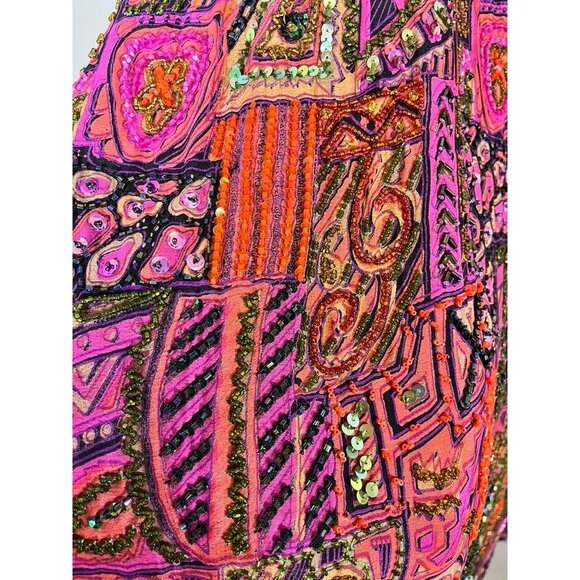 Vintage Silk Beaded Floral Sequin Jacket L Pink Avant Garde Swing Coat Patchwork - Picture 11 of 15